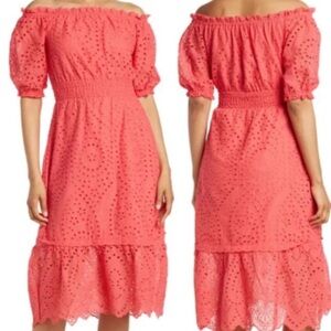 Betsey Johnson pink eyelit puff sleeve midi dress small